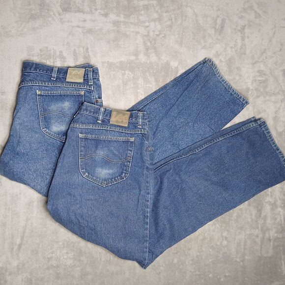 Lot (2) Lee Jeans Mens 42X34 Blue Straight Classic Work USA Made Vtg 80s Denim - Picture 2 of 16